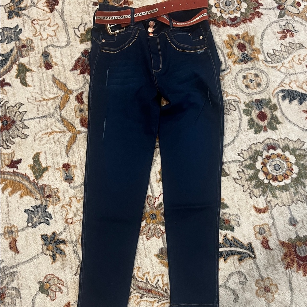 Dark Blue Women's Jeans with Brown Belt